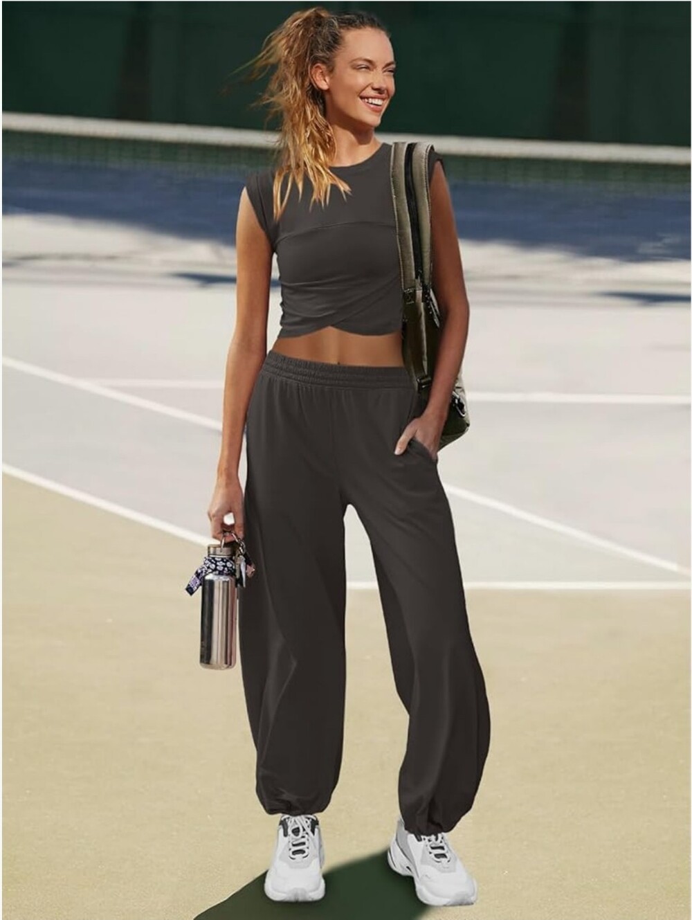 Women's 2-Piece Gray Elastic-Waist Jogger Pants And Crop Top